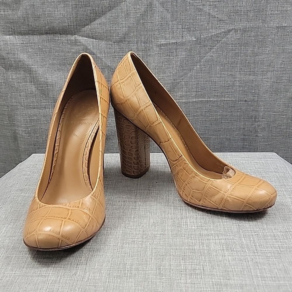 Tory Burch Bria Croc Embossed Block heel Pumps Tan Women's Slip-On SZ 9M
